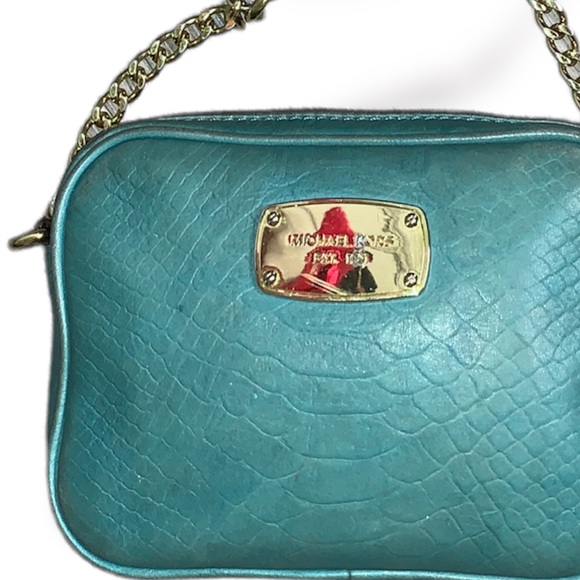 Michael Kors Luxury Leather Hamilton Sling Crossbody Bag in Turquoise & Gold - Picture 4 of 15